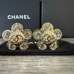 CHANEL Gold Plated Crystal Earrings Flower